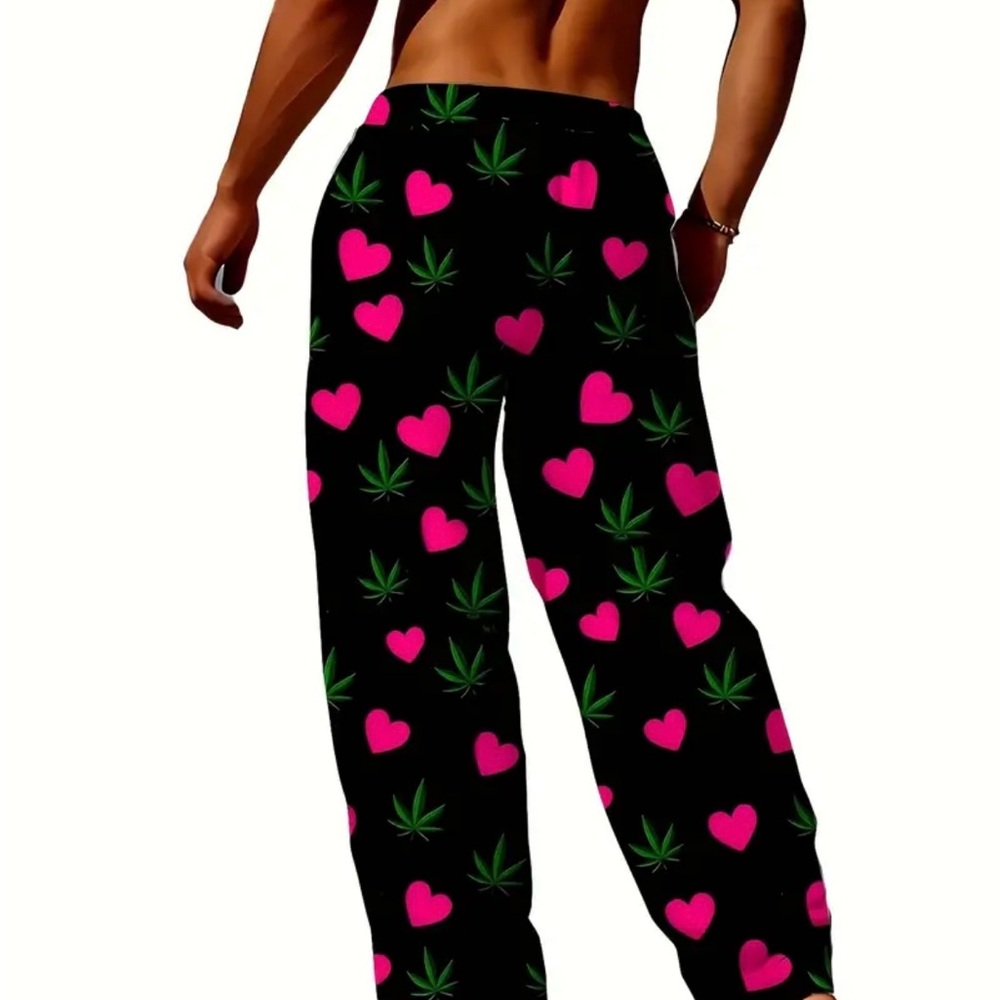 Men’s Pajama Pants with Pink Hearts and Pot Leaves